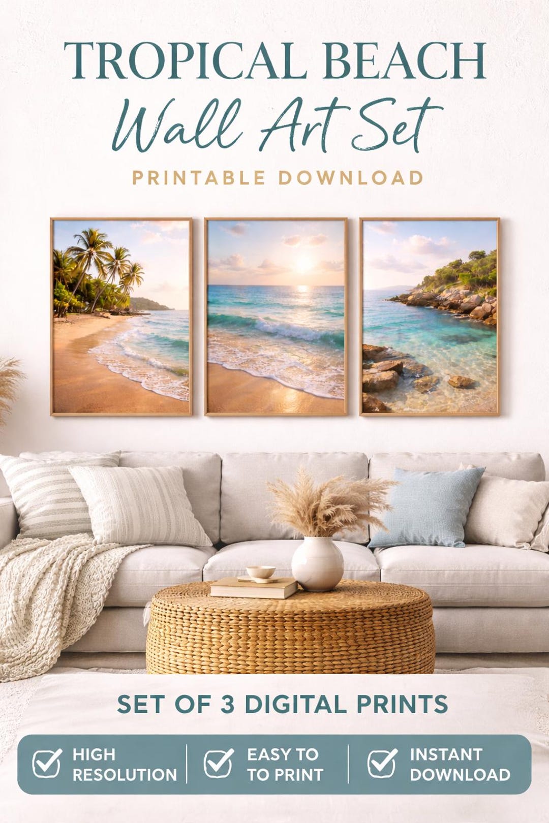 Set 3 Wall Art Mare Tropicală | Coastal Beach Prints | Ocean Wall Art ...