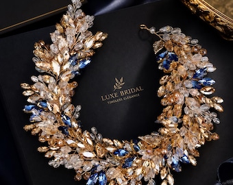 Luxe goudblauwe kristallen bruidshaarwijnstok, bruiloftszendspoel, hoofdband strass blad, statement kroon, bruidshaaraccessoire