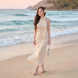Boho-style fishtail maxi dress cream lace beach coverup elegant halter vacation summer wear bridesmaid handmade wedding guest gift for her