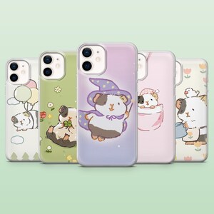 May include: A collection of five phone cases with cute cartoon guinea pig designs. The cases feature various illustrations, including a guinea pig with balloons, a guinea pig with a four-leaf clover, a guinea pig wizard, a guinea pig in a pocket, and a guinea pig with a bird.