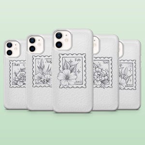 May include: White phone cases with a textured finish, each showcasing a floral design within a postage stamp frame. The stamps display months such as Jun, Aug, Feb, Nov, and Sep, along with the year 1997.