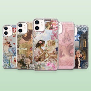 Puede incluir: Una colección de cinco fundas para teléfono con varios diseños. Las fundas presentan ilustraciones de estilo vintage, incluyendo querubines, arreglos florales y escenas románticas. Algunas fundas tienen texto como "Somebody to love" y "remember?". La paleta de colores incluye rosas, azules y beige.