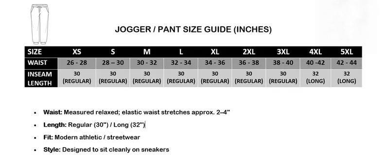 Puede incluir: Una gu&iacute;a de tallas para joggers y pantalones, que muestra las medidas de cintura y entrepierna en pulgadas. La gu&iacute;a incluye tallas XS a 5XL, con largos de entrepierna de 76 cm (regular) y 81 cm (largo).