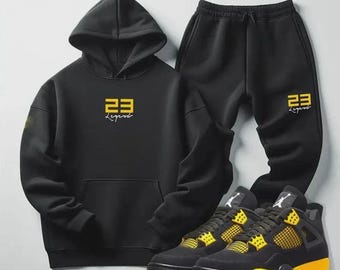 Men’s Black Legend 23 Hoodie and Joggers Sweatsuit – Jordan 4 Thunder Match