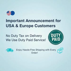 Puede incluir: Anuncio sobre un fondo azul claro con las banderas de EE. UU. y la Uni&oacute;n Europea. El texto dice "Anuncio importante para clientes de EE. UU. y Europa". Tambi&eacute;n indica "Sin impuestos de aduana en la entrega" y "Utilizamos el servicio Duty Paid".