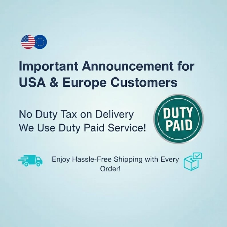 Puede incluir: Anuncio sobre un fondo azul claro con las banderas de EE. UU. y la Uni&oacute;n Europea. El texto dice "Anuncio importante para clientes de EE. UU. y Europa". Tambi&eacute;n indica "Sin impuestos de aduana en la entrega" y "Utilizamos el servicio Duty Paid".