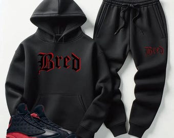 Men’s Black Bred Sweatsuit 2PC Hoodie & Joggers – Jordan 13 Bred Match