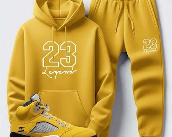 Conjunto deportivo amarillo Legend 23: sudadera con capucha y pantalones deportivos inspirados en las Air Jordan 5 Tokyo