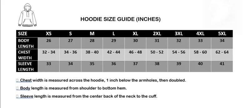 Pu&ograve; includere: Un grafico in bianco e nero intitolato "HOODIE SIZE GUIDE (INCHES)" con misure per la lunghezza del corpo, la larghezza del petto e la lunghezza delle maniche. Le taglie vanno da XS a 5XL, con misure in pollici. Il grafico include istruzioni.
