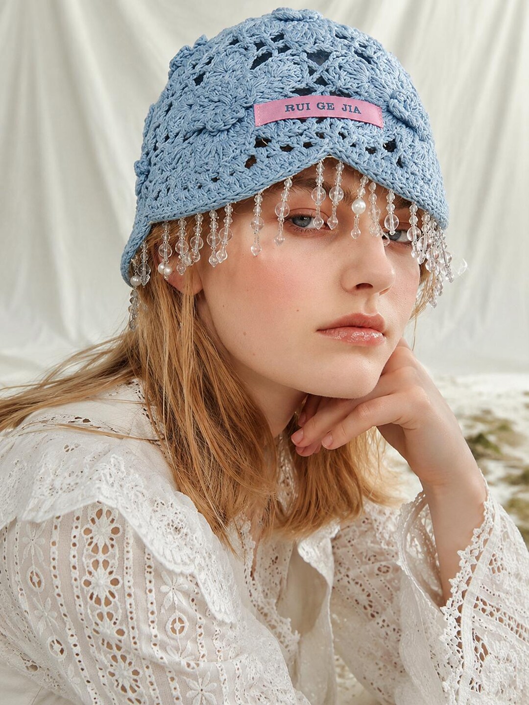 Fringe Cap Handmade Crochet Beaded Cloche Hat, Soft Blue Lace Bucket Hat, Boho ...