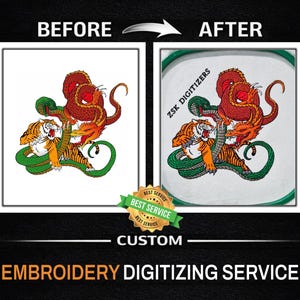 Puede incluir: Imagen que muestra un servicio de digitalización de bordados. La imagen muestra una comparación del antes y el después de un diseño bordado con un tigre, un dragón y una serpiente. También está presente el texto "Embroidery Digitizing Service".