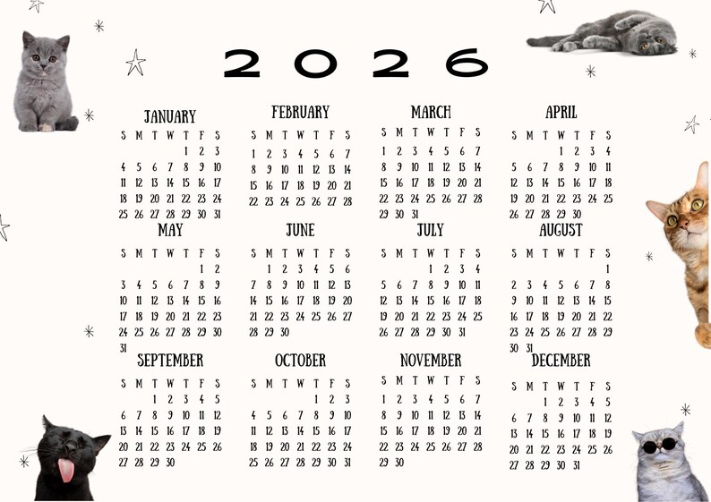 2026 Cat Calendar Printable | Cute Monthly Planner | Funny Wall ...