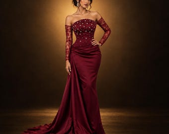 Burgundy Satin Mermaid Dress, Off Shoulder Beaded Corset Gown, Sheer Lace Sleeve Evening Dress, Formal Prom Gown, Luxury Bridal Dress