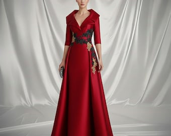 Red Satin Embroidered Formal Gown: Collared V-Neck Bodice, Elegant A-Line Evening Ball Dress