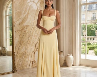Pastel Yellow Formal Dress: A-Line Evening Gown, Elegant Bridesmaid, Wedding Outfit