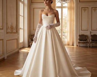 Vestido de gala de satén color marfil: vestido de novia sin tirantes con corsé, vestido de novia con cola catedral, atuendo clásico de princesa para bodas.