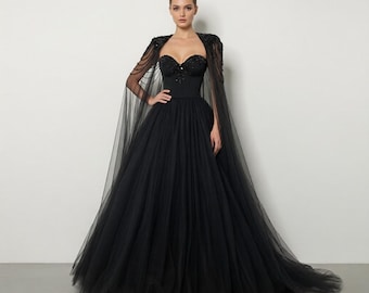 Black Tulle Embellished Formal Gown: Sweetheart Corset Bodice, A-Line Evening Ball Dress