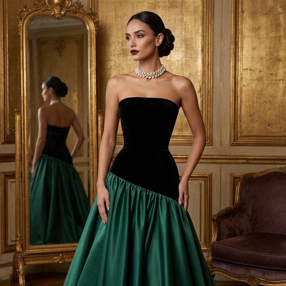 velvet green strapless dress Emerald Satin Evening Gown: Corset Bodice, A-line Ball Prom dress with