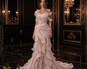 Blush Pink Sequin Mermaid Gown: Off-Shoulder Leaf Ruffles, Sweetheart Bodice & Dramatic Train