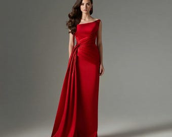 Rotes Satin Off-Shoulder Abendkleid: Drapierte Taille Perlen Mieder, elegantes bodenlanges Abendkleid