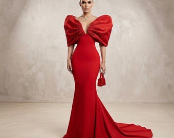 Red Bow Back Jersey Evening Gown: Mermaid Formal Dress with Statement Detail