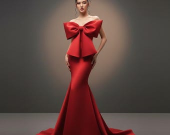 Red Satin Mermaid Evening Gown: Strapless Bodice, Floor-Length Formal Dress