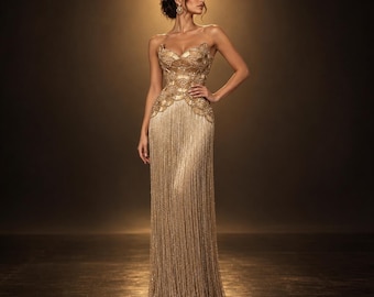Gold Sequin Tassel Prom Dress | Strapless Beaded Evening Gown | Luxury Formal Dress | Floor Length Glitter Party Dress