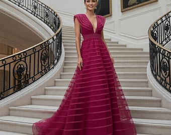 Magenta Tulle Formal Gown: V-Neck Wing-Sleeve Bodice, Horizontal-Pleated A-Line Maxi Dress