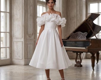 Satin Ruffled Off-Shoulder Tea-Length Wedding Dress – Custom Civil Elopement Gown Midi Wedding Dress