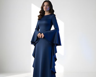 Blaues Chiffon-Vollärmel-Abendkleid: Ausgestelltes Glockenärmel, A-Line-Abend-Ballkleid