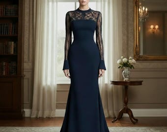 High-Neck Lace Sleeve Satin Abendkleid: Elegantes Navy-Blue-Empfangskleid