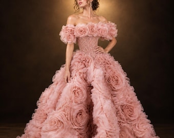 Pink Floral Ball Gown, 3D Flower Prom Dress, Corset Tulle Evening Gown, Romantic Quinceañera Dress, Luxury Formal Dress