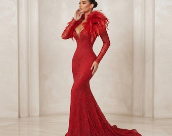 Red Feather Embellished Mermaid Gown: Plunging Sweetheart Neckline, Sheer Beaded Sleeves & Dramatic Train Evening Dress
