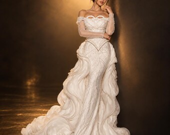 Ivory Beaded Mermaid Wedding Dress, Off Shoulder Corset Bridal Gown, Long Sleeve Ruffle Wedding Dress, Cathedral Train Wedding Dress