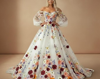 Elfenbein Floral bestickt Off-Shoulder Ballkleid: Sweetheart Mieder mit Puffärmeln, A-Linie Abendkleid