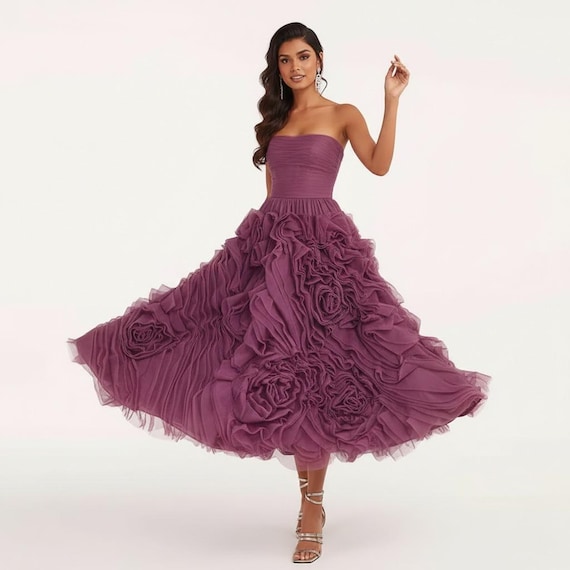 dark purple tea length dress Applique V Neck Tea Length Wedding Guest Dress With Short Sleeves