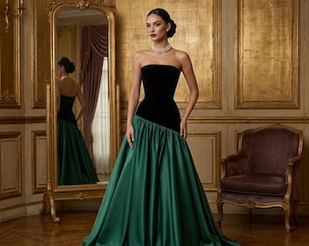 Emerald Green Velvet Satin Evening Gown: Strapless Corset Bodice, A-Line Ball Dress