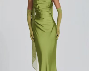 Grünes Satin-Korsett-Kleid: Ärmelloses drapiertes formelles Maxikleid