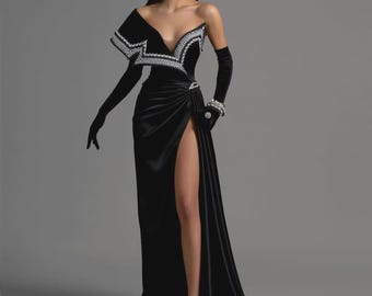 Luxus-Schwarz-Samt-One-Shoulder-Abendkleid: Perlen- und Kristallverziertes Abendkleid, Maßanfertigung