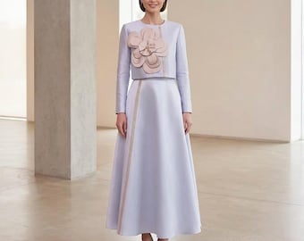 Lavender Satin Formal Gown Set: Floral Appliqué Jacket Dress, Elegant Floor-Length Evening Outfit