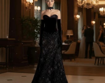 Black Velvet Strapless Gown with Embroidered Lace Skirt: Elegant Formal Evening Dress