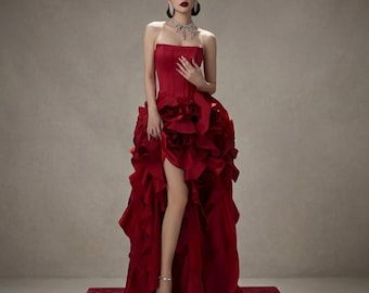 Ruby Red Strapless Couture Gown: 3D Floral Appliqué, High Slit & Cascading Ruffle Evening Dress