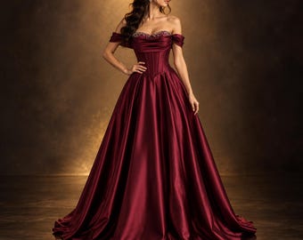 Burgundy Satin Ball Gown, Off Shoulder Sweetheart Corset Dress, Beaded Formal Evening Gown, Romantic Prom Dress, Luxury Party Dress