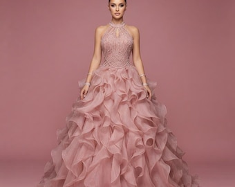 Blush Pink Beaded Ball Gown: Halter Neck Embellished Bodice, Dramatic Ruffled A-Line Prom Dress with Cascading Layers