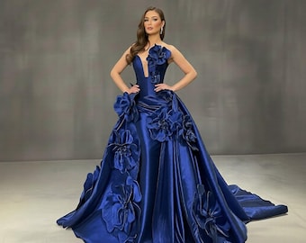 Navy 3D Floral Abendkleid: Kleid mit tiefem V-Ausschnitt und abnehmbarer Schleppe, elegantes formelles Outfit