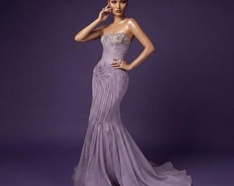 Lavender Strapless Embellished Mermaid Gown: Crystal Beaded Bodice, Ruched Draped Skirt & Flowing Train Evening Dress