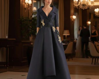 Schwarzer Satin besticktes formelles Kleid: Kragenoberteil mit V-Ausschnitt, elegantes A-Line-Abendballkleid