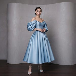 powder blue a line dress Mac Duggal Women's Embellished Long Flare Sleeve Mesh A-Line Dress - Blue - Size 2