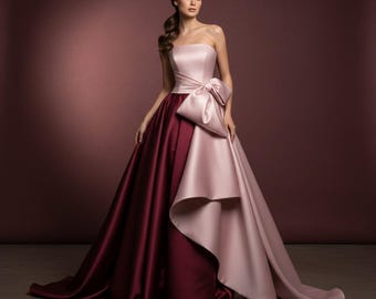 Zweifarbiges Satin-Abendkleid: Trägerloses Blush-Mieder, A-Linie-Ballkleid in Burgund & Pink