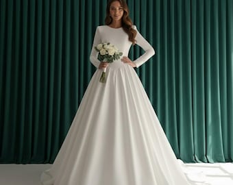 Langarm Satin A-Linie Brautkleid, minimalistisches Brautkleid